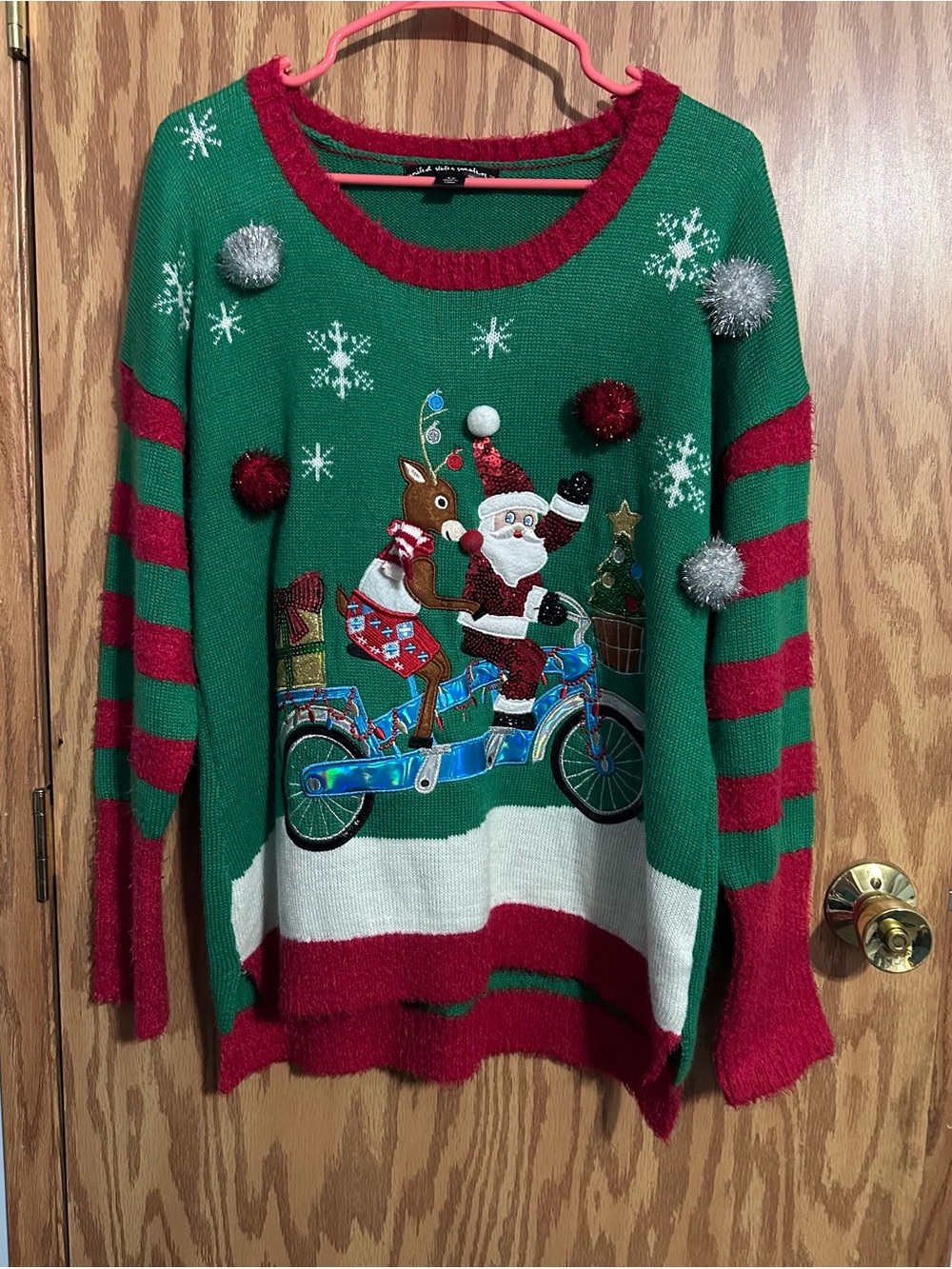 Green & Red Christmas Santa & Rudolph on Bike Crewneck Ugly Sweater XL